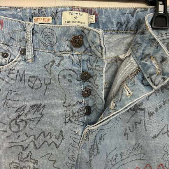 TOPMAN MENS stretch skinny  graffiti jeans size 30 R - Picture 7 of 8